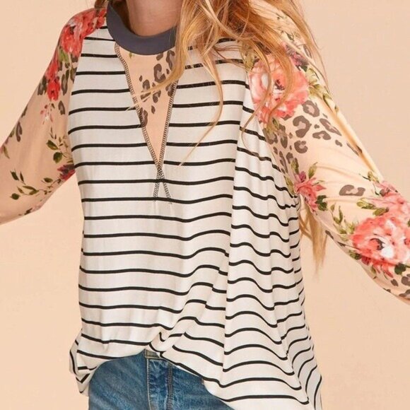 Striped Animal Floral Print Long Sleeve Shirt Women Small New Gray Peach - Picture 1 of 16